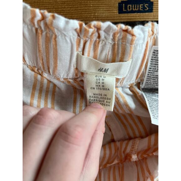 H&M Pants Medium Linen Pull On Stretch Cropped Striped Orange White Beach Boho - Picture 8 of 16